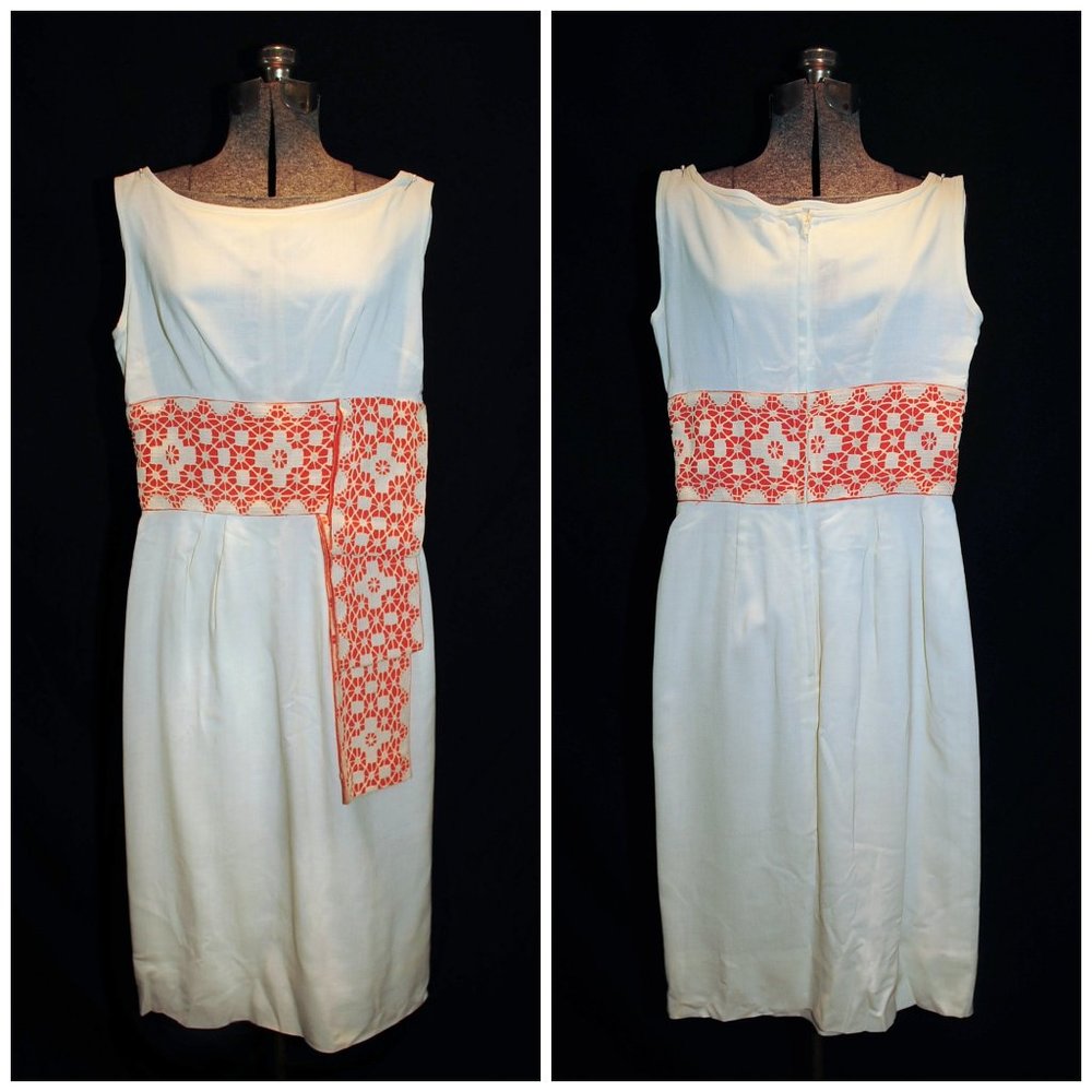 VTG Ivory Linen Sheath Dress Orage & Lace Waist XS